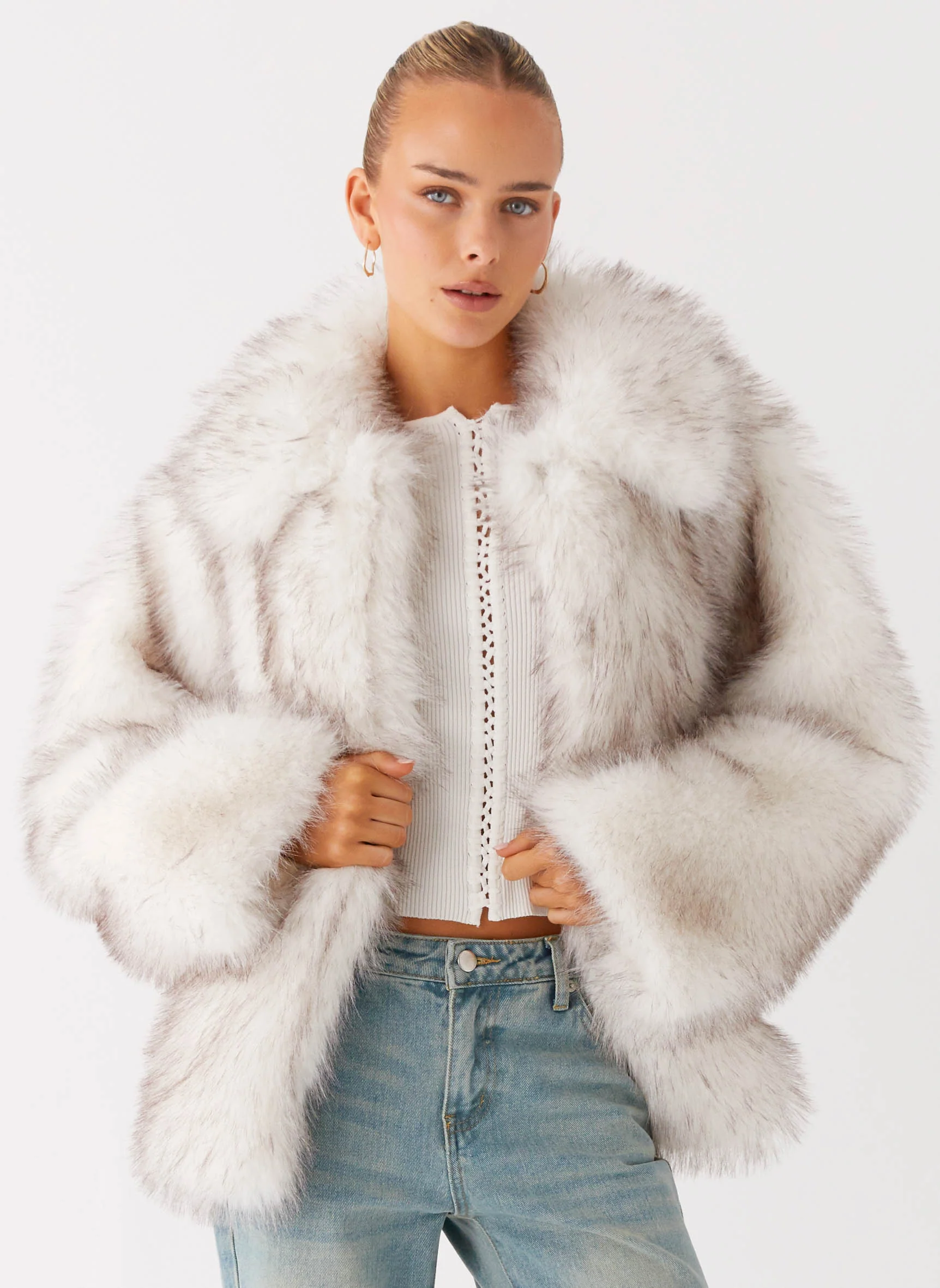Faux Fur Jacket - White Grey