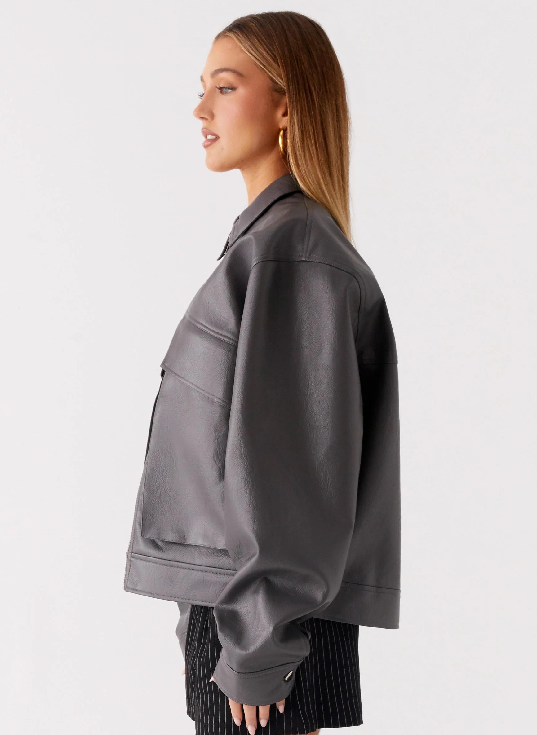 Faux Leather Bomber Jacket - Charcoal