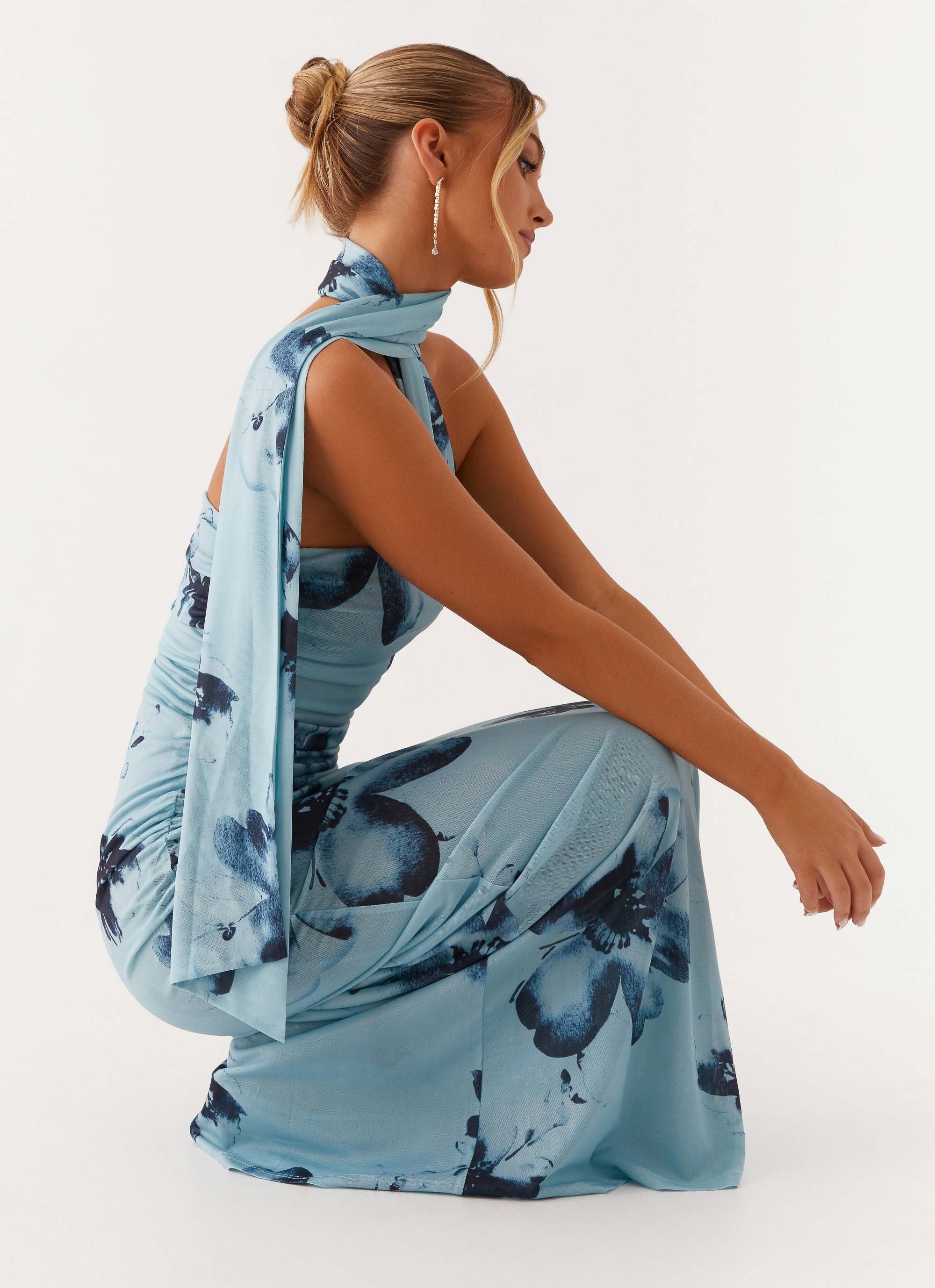 Maxi Dress - Blue Black Floral Chinese ink