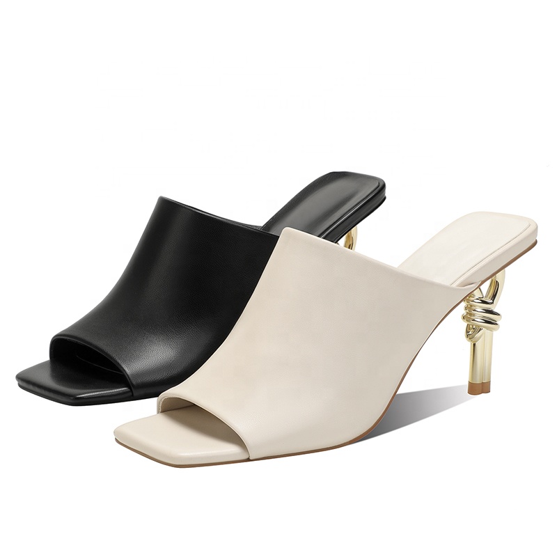 Elegant Women's Square Toe Knot Heel Mules Minimalist Slide Sandals with Gold Artistic Heel