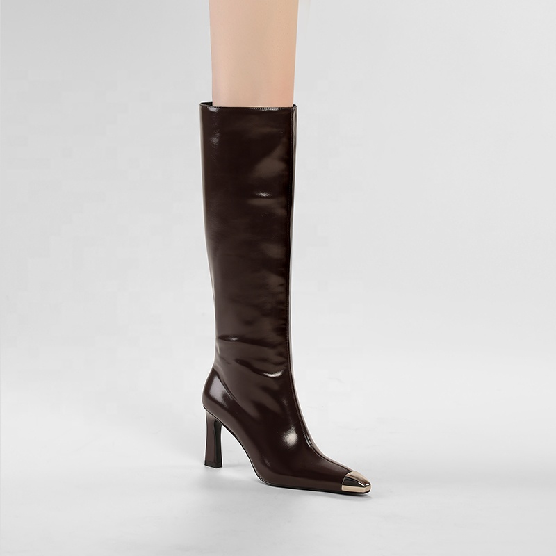 Elegant Patent Faux Leather Knee-High Boots Sexy Glossy Metal Toe Pointed High Heel Elegant and Stylish