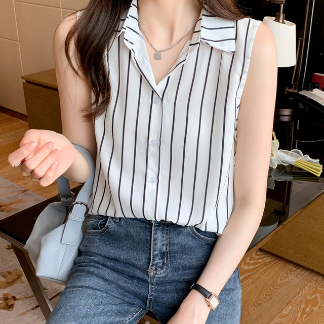 Women Shirt Striped  Vest Women Tops Chiffon Blouse