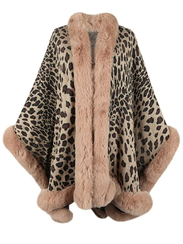 Women Vintage Leopard Warm Fur Collar Cape Coat