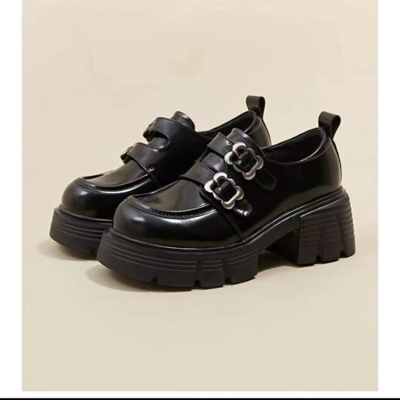 2025 New Spring Black Loafers for Women All-Match High Heels Mary Jane Shoes with Thick Soles Thick-Heeled Leather Ballet Flats